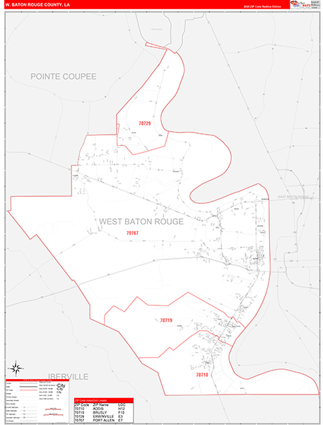 West Baton Rouge Parish (County), LA Wall Map Red Line Style